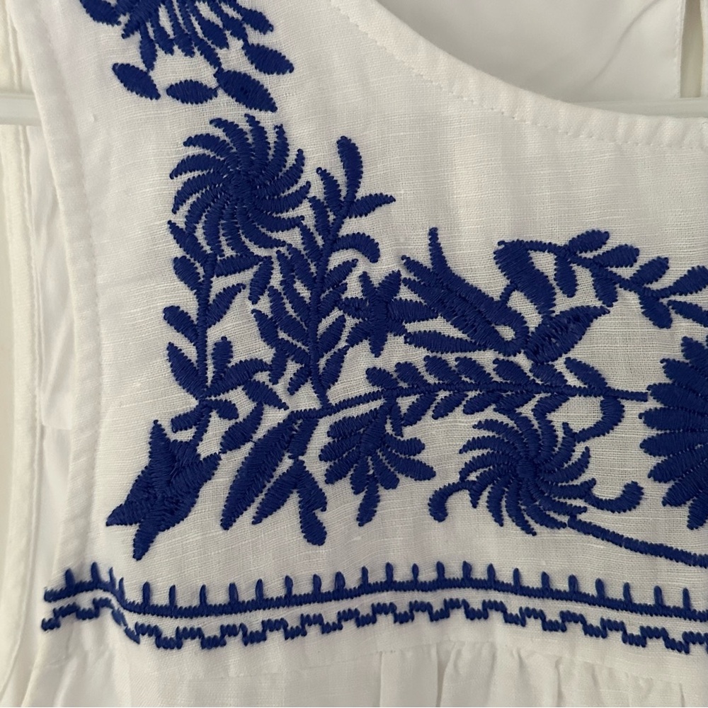 J.Crew Embroidered Dress Sz M White Blue Linen Cotton Lined - Picture 8 of 16